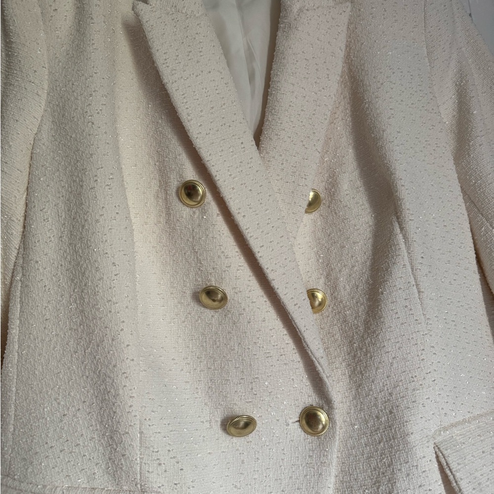Women's Cream Double-Breasted Bouclé Blazer with Gold Buttons - Picture 2 of 8